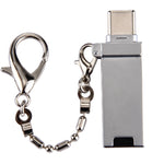 Adaptador Conector Mini USB 2.0 Fêmea para USB-C / Tipo-C Macho em Liga de Alumínio com Corrente