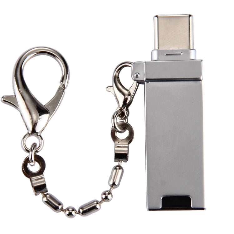 Adaptador Conector Mini USB 2.0 Fêmea para USB-C / Tipo-C Macho em Liga de Alumínio com Corrente