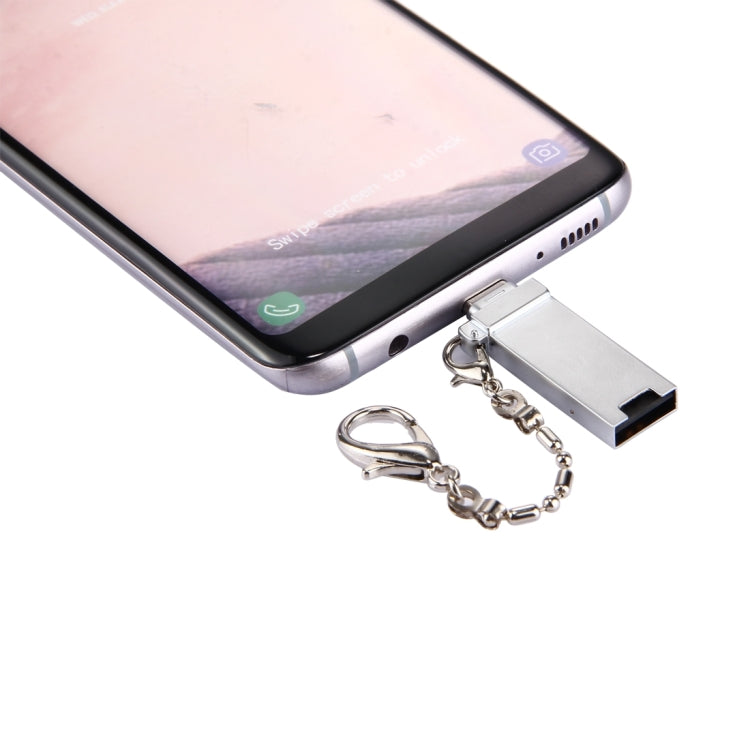 Adaptador Conector Mini USB 2.0 Fêmea para USB-C / Tipo-C Macho em Liga de Alumínio com Corrente