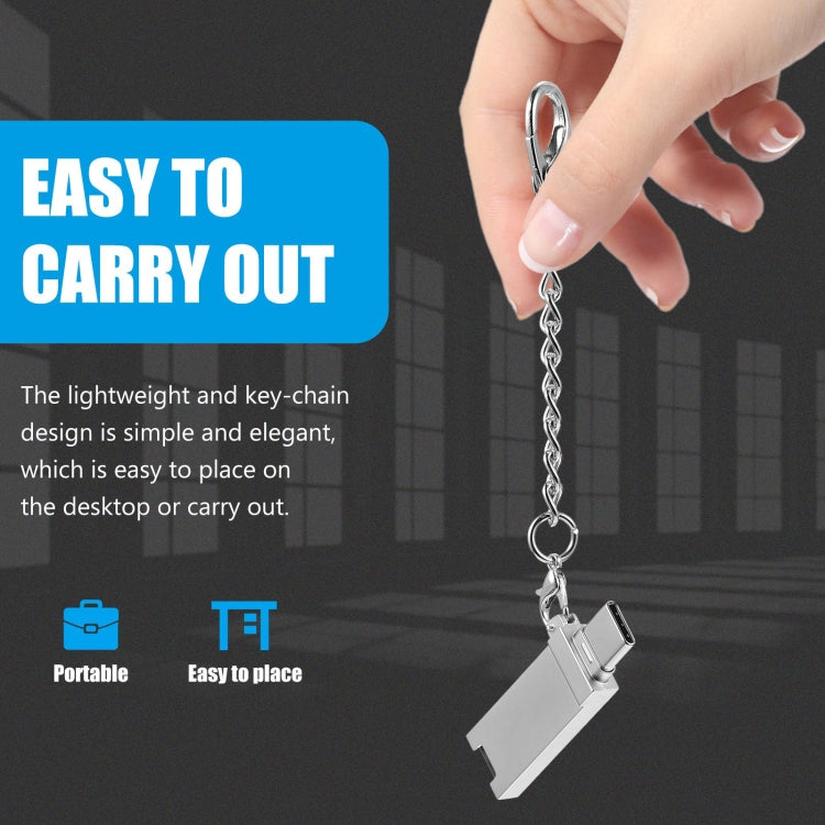 Adaptador Conector Mini USB 2.0 Fêmea para USB-C / Tipo-C Macho em Liga de Alumínio com Corrente