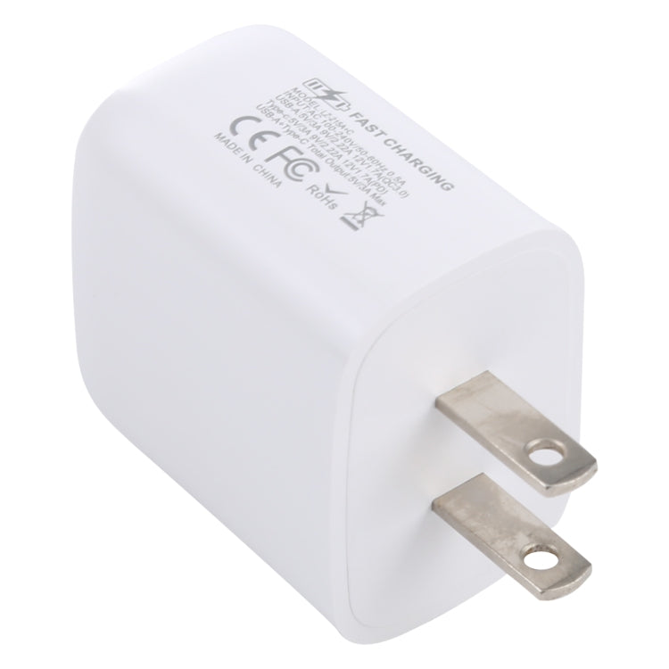 Carregador de Viagem LZ-215A+C 20W QC 3.0 USB + PD 3.0 USB-C / Type-C de Carregamento Rápido, Ficha US, Ficha US