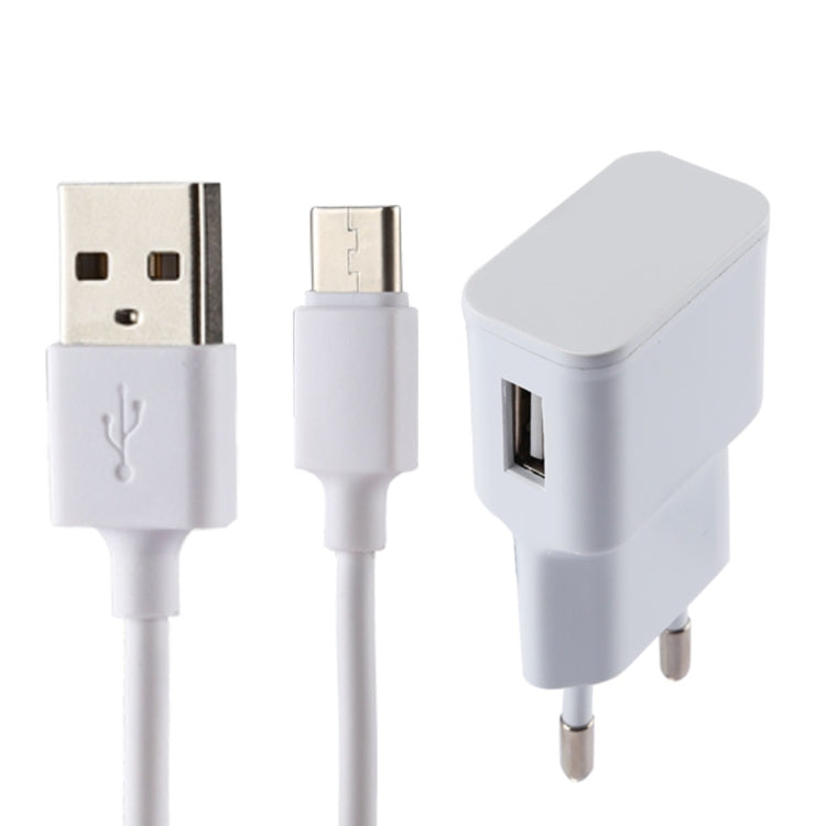 Carregador USB de Identificação Inteligente 5V 2.1A com Cabo de Carregamento USB para USB-C / Type-C de 1m, Ficha EU