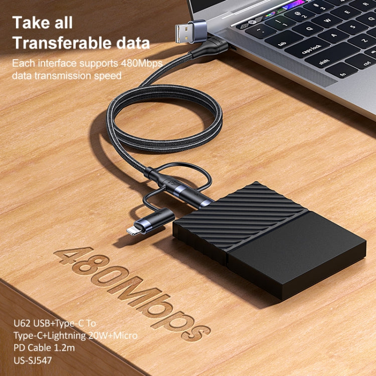 USAMS US-SJ547 U62 Cabo de Dados de Carregamento Rápido PD em Liga de Alumínio USB + Tipo-C / USB-C para Tipo-C / USB-C + 8 Pinos + Micro, Comprimento: 1,2m