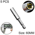 5 PCS Cabeça de Lote Elétrica 1/4 Haste de Ligação de Alto Magnetismo Haste de Extensão para Broca Pistola Manga Junta de Rotação Rápida, Comprimento: 60mm, Junta 60mm