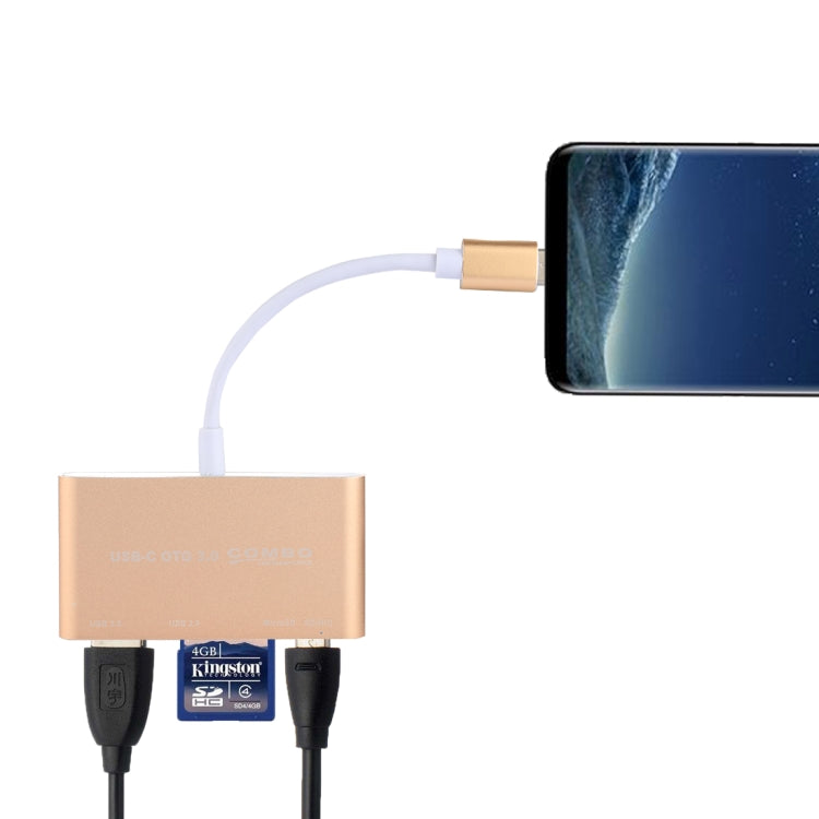 Leitor de Cartões Adaptador COMBO 5 em 1 Micro SD + SD + USB 3.0 + USB 2.0 + Micro USB para USB-C / Tipo-C OTG para Tablet, Smartphone, PC, 5 em 1 (Prateado), 5 em 1 (Dourado)