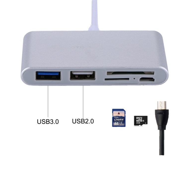 Leitor de Cartões Adaptador COMBO 5 em 1 Micro SD + SD + USB 3.0 + USB 2.0 + Micro USB para USB-C / Tipo-C OTG para Tablet, Smartphone, PC, 5 em 1 (Prateado), 5 em 1 (Dourado)