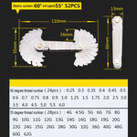 52 PCS Calibre de Rosca Métrico 60 Graus + Britânico 55 Graus em Aço Inoxidável CR, 52 PCS Calibre de Rosca