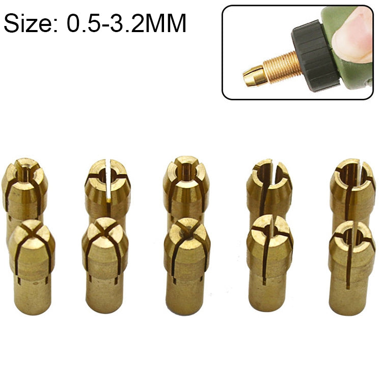 10 em 1 Porca de Grampo de Cobre de Três Garras para Acessórios de Moinho Elétrico, Diâmetro do Furo: 0.5-3.2mm, Diâmetro do Furo: 0.5-3.2mm