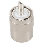 UHF Male PL259 / SO239 twist-on RFC400 RG8 RF coaxial card connector in metal, 4x2cm size, silver color.