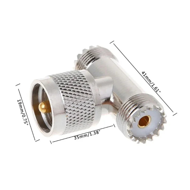 Adaptador em T UHF Macho PL259 para 2 UHF Fêmea