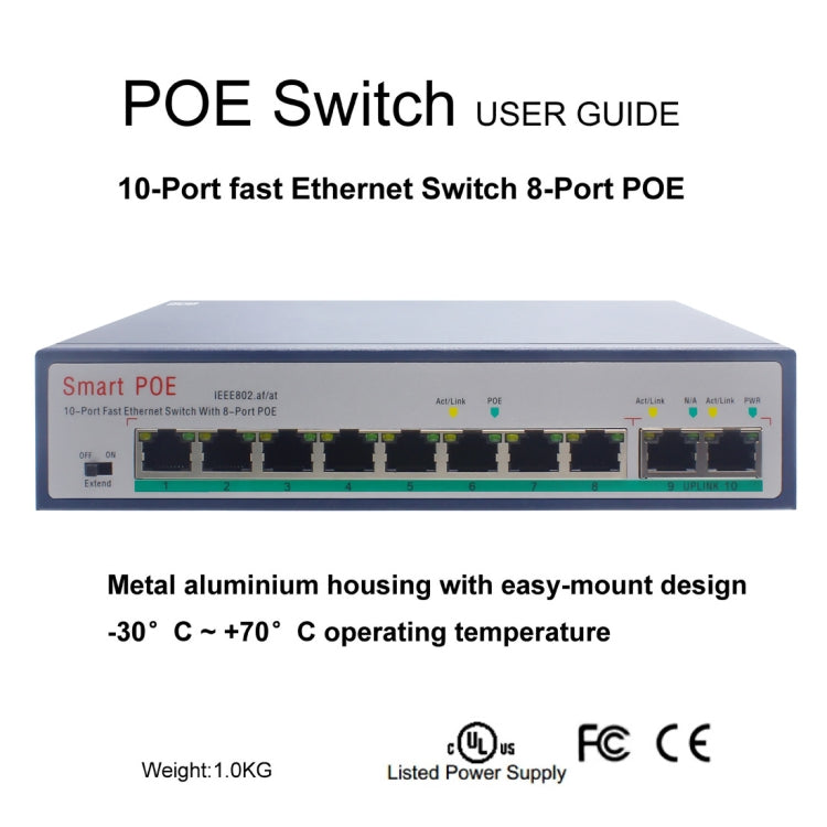 Switch Ethernet Rápida ESCAM POE 8+2 10-Portas 8-Portas POE 10/100M 120W, Distância de Transmissão: 150m, 10 Portas