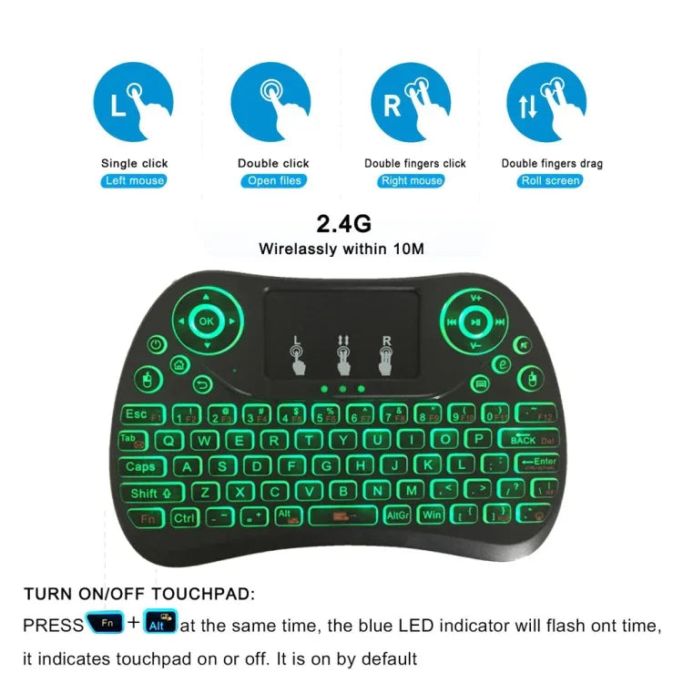 Teclado Mini Sem Fios I8 Max 2.4GHz com Touchpad, Rato Aéreo Fly Recarregável, Jogo Inteligente com Retroiluminação de 7 Cores