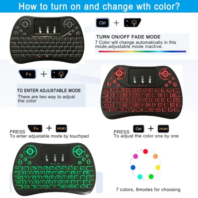 Teclado Mini Sem Fios I8 Max 2.4GHz com Touchpad, Rato Aéreo Fly Recarregável, Jogo Inteligente com Retroiluminação de 7 Cores