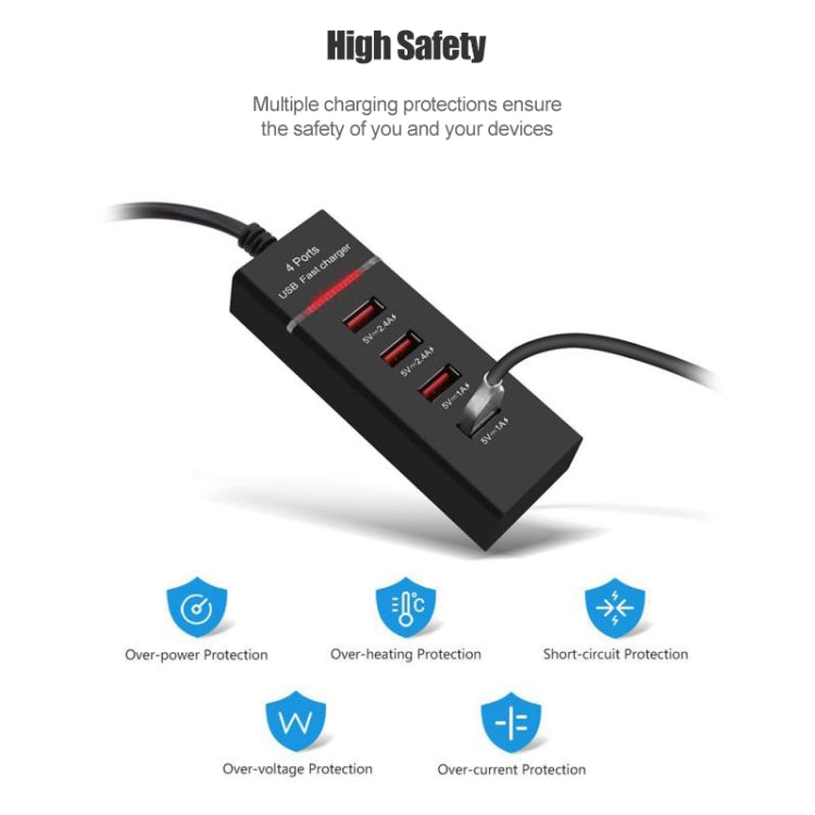 Adaptador Carregador com 4 Portas USB 5V 4.1A com Cabo de Alimentação, Comprimento do Cabo: 1,5m, Ficha US, Ficha US