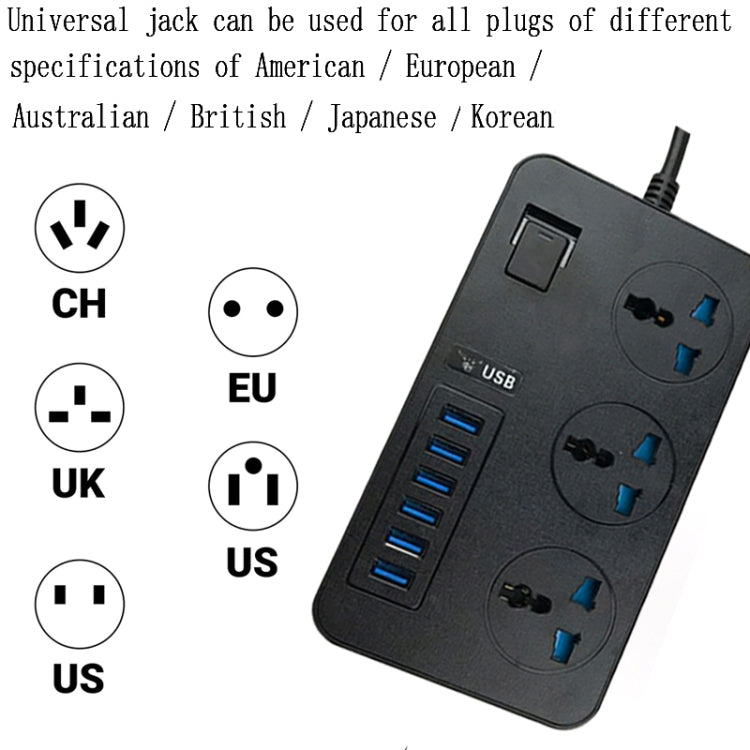 T09 Tomada Universal Internacional Multi-Funções Plug-in 3 Furos 3000W Alta Potência + 6 USB Carregamento Inteligente, PLUGUE UE, PLUGUE US, PLUGUE UK