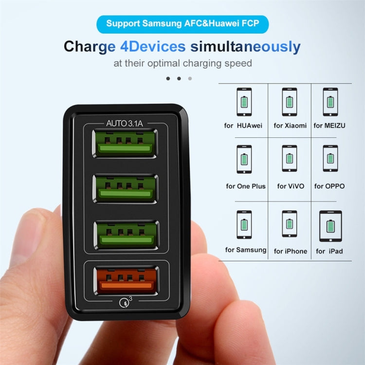 Carregador Rápido Universal 30W QC 3.0 USB + 3 Portas USB 2.0 para Telemóvel, Tablet e PC, Carregador de Viagem, Ficha Reino Unido, Ficha Reino Unido