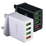 Carregador Rápido Universal 30W QC 3.0 USB + 3 Portas USB 2.0 para Telemóvel, Tablet e PC, Carregador de Viagem, Ficha Reino Unido, Ficha Reino Unido