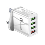 Carregador Rápido Universal 30W QC 3.0 USB + 3 Portas USB 2.0 para Telemóvel, Tablet e PC, Carregador de Viagem, Ficha Reino Unido, Ficha Reino Unido