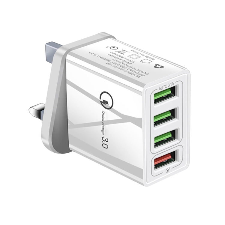 Carregador Rápido Universal 30W QC 3.0 USB + 3 Portas USB 2.0 para Telemóvel, Tablet e PC, Carregador de Viagem, Ficha Reino Unido, Ficha Reino Unido