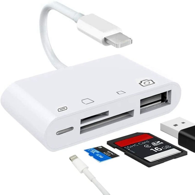 Adaptador leitor de câmara ZS-S1827 4 em 1 para cartão SD + cartão TF + carregamento 8 pinos + interface USB para interface 8 pinos, compatível com todos os sistemas iOS