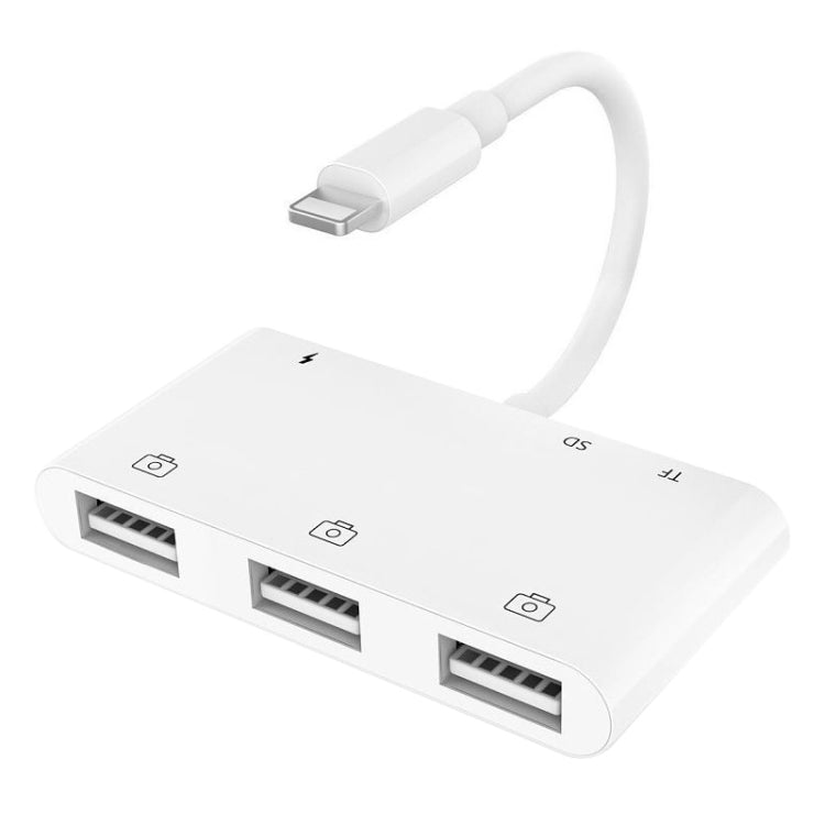 ZS-S1852 Adaptador leitor de cartões OTG 6 em 1 com 3 USB fêmea para 8 pinos macho, com interface de carregamento SD & TF, compatível com todos os sistemas iOS