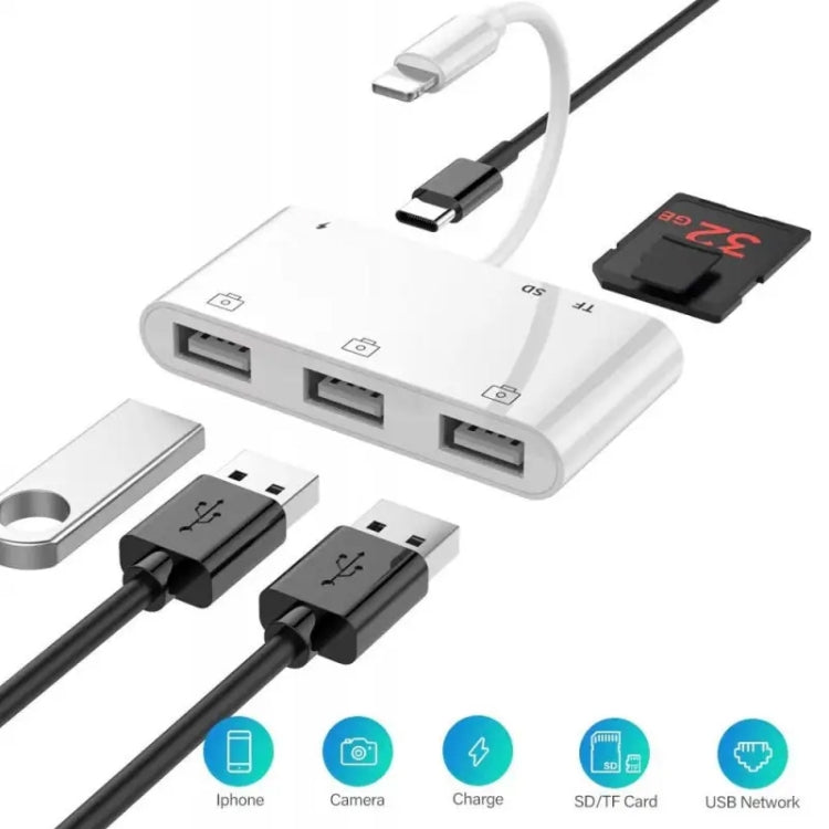 ZS-S1852 Adaptador leitor de cartões OTG 6 em 1 com 3 USB fêmea para 8 pinos macho, com interface de carregamento SD & TF, compatível com todos os sistemas iOS