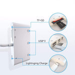 ZS-S1852 Adaptador leitor de cartões OTG 6 em 1 com 3 USB fêmea para 8 pinos macho, com interface de carregamento SD & TF, compatível com todos os sistemas iOS