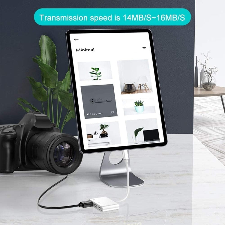 ZS-S1852 Adaptador leitor de cartões OTG 6 em 1 com 3 USB fêmea para 8 pinos macho, com interface de carregamento SD & TF, compatível com todos os sistemas iOS