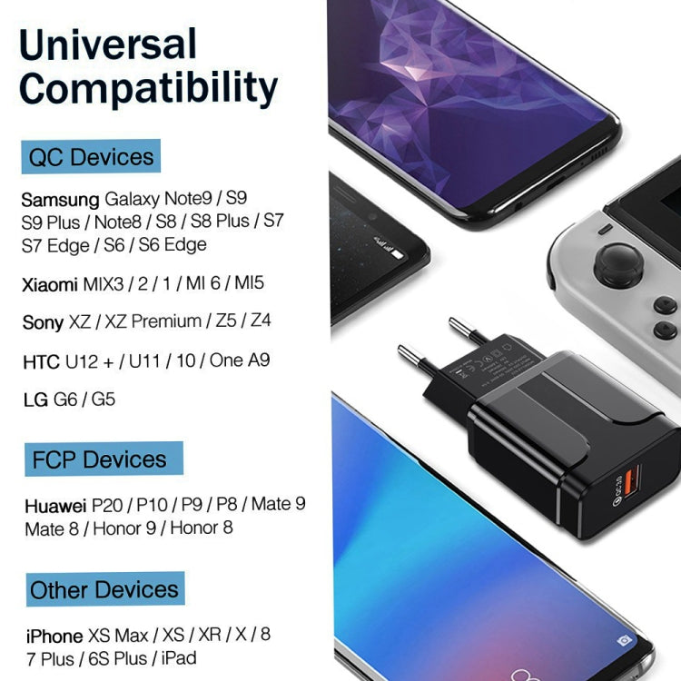 Carregador portátil QC3.0 18W com porta USB para carregamento rápido universal, ficha US, ficha US