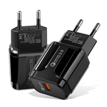 Carregador portátil QC3.0 18W com porta USB para carregamento rápido universal, ficha UE, ficha UE