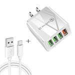 Cabo de Dados 2 em 1 USB para USB-C / Tipo-C + Carregador Rápido Universal 30W QC 3.0 com 4 Interfaces USB para Telemóvel, Tablet e PC, Conjunto de Carregador de Viagem, Ficha EUA, Conjunto USB-C / Tipo-C Ficha EUA
