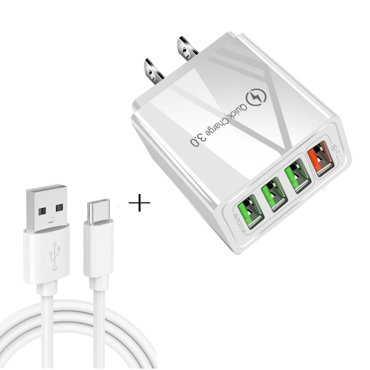Cabo de Dados 2 em 1 USB para USB-C / Tipo-C + Carregador Rápido Universal 30W QC 3.0 com 4 Interfaces USB para Telemóvel, Tablet e PC, Conjunto de Carregador de Viagem, Ficha EUA, Conjunto USB-C / Tipo-C Ficha EUA