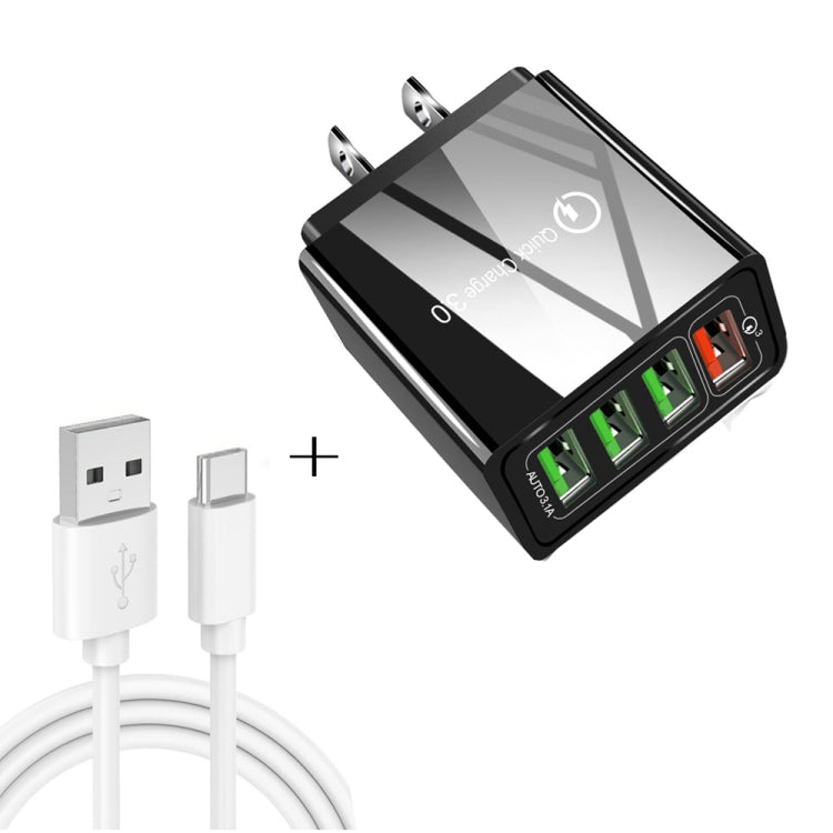 Cabo de Dados 2 em 1 USB para USB-C / Tipo-C + Carregador Rápido Universal 30W QC 3.0 com 4 Interfaces USB para Telemóvel, Tablet e PC, Conjunto de Carregador de Viagem, Ficha EUA, Conjunto USB-C / Tipo-C Ficha EUA