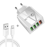 Cabo de dados 2 em 1 USB para USB-C / Type-C + Carregador rápido universal de 30W QC 3.0 com 4 interfaces USB para telemóvel, tablet e PC, conjunto de carregador de viagem, ficha UE, conjunto USB-C / Type-C ficha UE