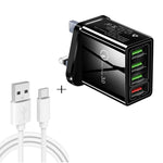 Cabo de dados 2 em 1 USB para USB-C / Type-C de 1m + Carregador rápido universal de 30W QC 3.0 com 4 interfaces USB para telemóvel, tablet e PC, conjunto de carregador de viagem, ficha UK, conjunto USB-C / Type-C ficha UK