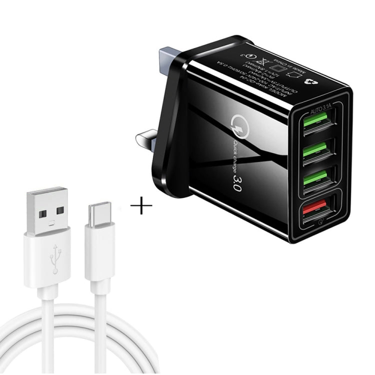 Cabo de dados 2 em 1 USB para USB-C / Type-C de 1m + Carregador rápido universal de 30W QC 3.0 com 4 interfaces USB para telemóvel, tablet e PC, conjunto de carregador de viagem, ficha UK, conjunto USB-C / Type-C ficha UK