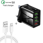 Cabo de dados 2 em 1 USB para USB-C / Type-C de 1m + Carregador rápido universal de 30W QC 3.0 com 4 interfaces USB para telemóvel, tablet e PC, conjunto de carregador de viagem, ficha UK, conjunto USB-C / Type-C ficha UK
