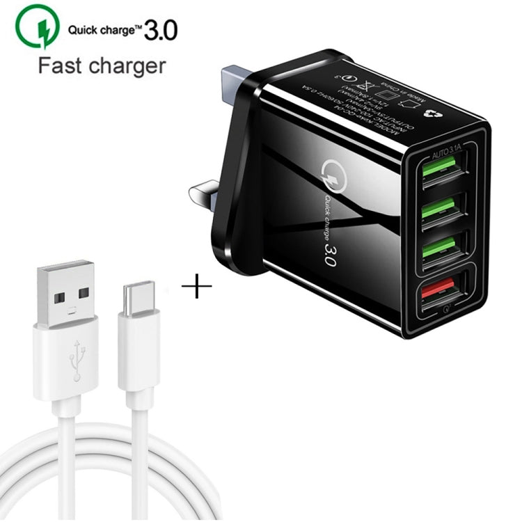 Cabo de dados 2 em 1 USB para USB-C / Type-C de 1m + Carregador rápido universal de 30W QC 3.0 com 4 interfaces USB para telemóvel, tablet e PC, conjunto de carregador de viagem, ficha UK, conjunto USB-C / Type-C ficha UK