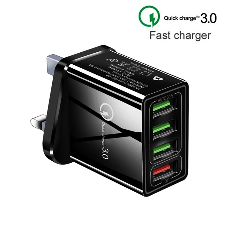 Cabo de dados 2 em 1 USB para USB-C / Type-C de 1m + Carregador rápido universal de 30W QC 3.0 com 4 interfaces USB para telemóvel, tablet e PC, conjunto de carregador de viagem, ficha UK, conjunto USB-C / Type-C ficha UK