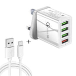 Cabo de dados 2 em 1 USB para USB-C / Type-C de 1m + Carregador rápido universal de 30W QC 3.0 com 4 interfaces USB para telemóvel, tablet e PC, conjunto de carregador de viagem, ficha UK, conjunto USB-C / Type-C ficha UK