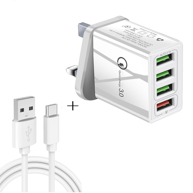 Cabo de dados 2 em 1 USB para USB-C / Type-C de 1m + Carregador rápido universal de 30W QC 3.0 com 4 interfaces USB para telemóvel, tablet e PC, conjunto de carregador de viagem, ficha UK, conjunto USB-C / Type-C ficha UK