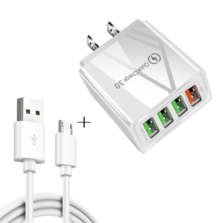 Cabo de dados 2 em 1 USB para Micro USB de 1m + Carregador rápido universal de 30W QC 3.0 com 4 interfaces USB para telemóvel, tablet e PC, conjunto de carregador de viagem, ficha US, conjunto Micro USB ficha US