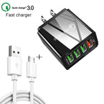 Cabo de dados 2 em 1 USB para Micro USB de 1m + Carregador rápido universal de 30W QC 3.0 com 4 interfaces USB para telemóvel, tablet e PC, conjunto de carregador de viagem, ficha US, conjunto Micro USB ficha US