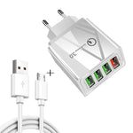 Cabo de dados 2 em 1 USB para Micro USB de 1m + Carregador rápido universal de 30W QC 3.0 com 4 interfaces USB para telemóvel, tablet e PC, conjunto de carregador de viagem, ficha UE, conjunto Micro USB ficha UE