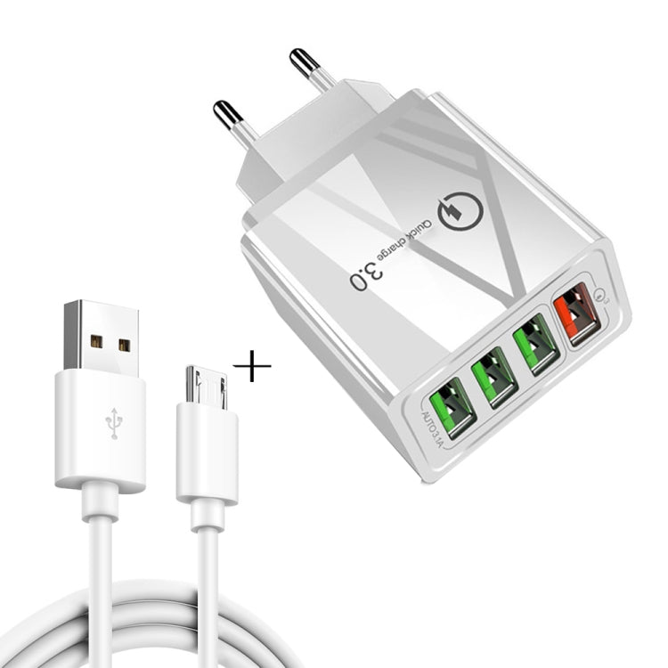 Cabo de dados 2 em 1 USB para Micro USB de 1m + Carregador rápido universal de 30W QC 3.0 com 4 interfaces USB para telemóvel, tablet e PC, conjunto de carregador de viagem, ficha UE, conjunto Micro USB ficha UE