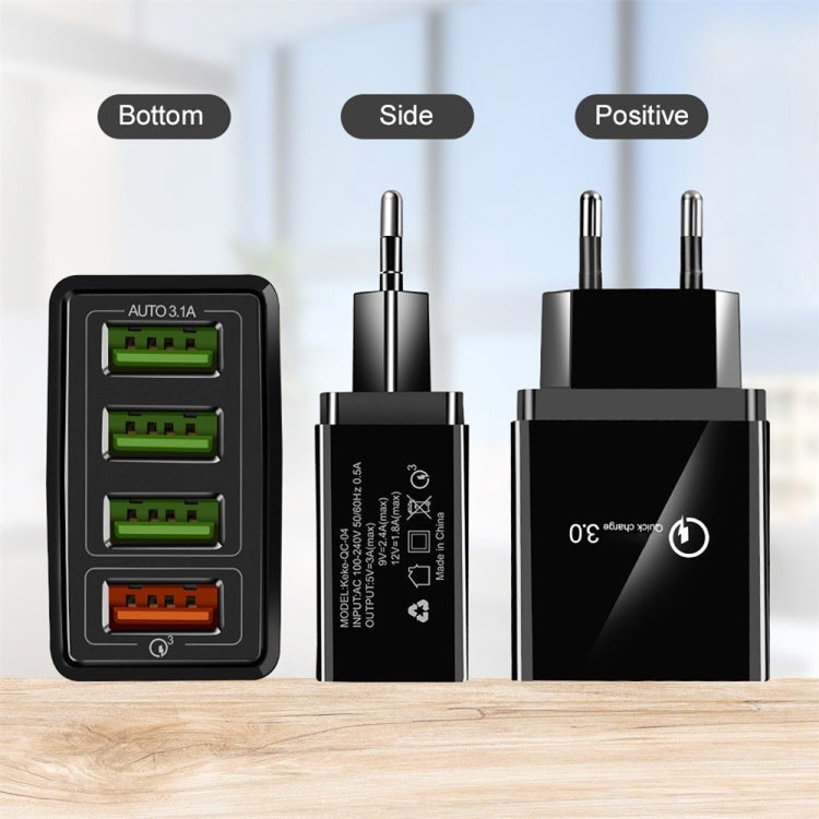 Cabo de dados 2 em 1 USB para Micro USB de 1m + Carregador rápido universal de 30W QC 3.0 com 4 interfaces USB para telemóvel, tablet e PC, conjunto de carregador de viagem, ficha UE, conjunto Micro USB ficha UE