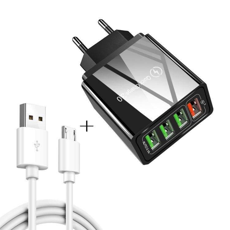 Cabo de dados 2 em 1 USB para Micro USB de 1m + Carregador rápido universal de 30W QC 3.0 com 4 interfaces USB para telemóvel, tablet e PC, conjunto de carregador de viagem, ficha UE, conjunto Micro USB ficha UE
