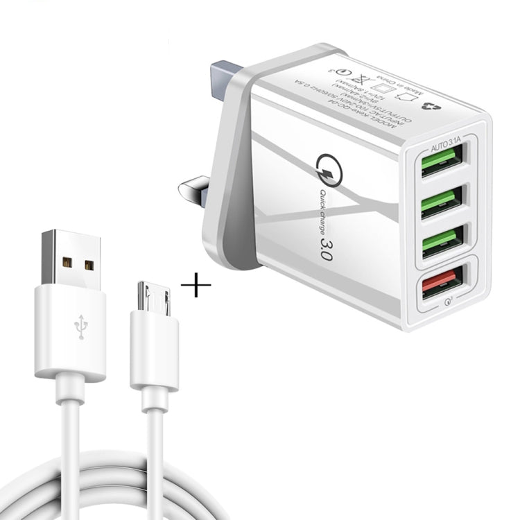 Cabo de dados 2 em 1 USB para Micro USB de 1m + Carregador rápido universal de 30W QC 3.0 com 4 interfaces USB para telemóvel, tablet e PC, conjunto de carregador de viagem, ficha UK, conjunto Micro USB ficha UK