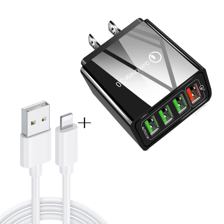 2 em 1 Cabo de Dados USB para 8 Pinos 1m + Carregador Rápido Universal de Viagem 30W QC 3.0 com 4 Interfaces USB para Telemóvel, Tablet, PC, Ficha US, Conjunto 8 Pinos Ficha US