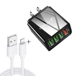 2 em 1 Cabo de Dados USB para 8 Pinos 1m + Carregador Rápido Universal de Viagem 30W QC 3.0 com 4 Interfaces USB para Telemóvel, Tablet, PC, Ficha US, Conjunto 8 Pinos Ficha US
